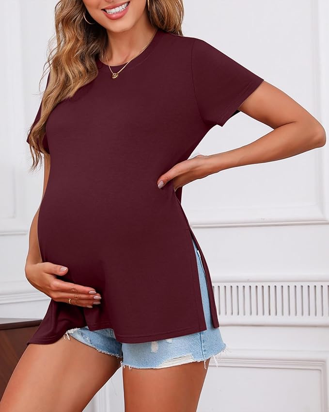 Ficerd 3 Pack Women's Maternity T Shirts, Short Sleeve Side Split Pregnancy Tops Casual Crew Neck Pregnant Tees Mama Clothes