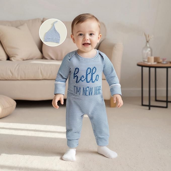 Fernvia Newborn Baby Boy Clothes Letters Print Bodysuit 3 6 9 12 18 Months Long Sleeve Jumpsuit with Hat 2PCS Outfits Set