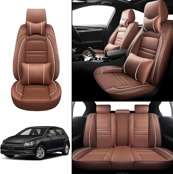 Car Seat Covers for VW Car Golf 2015-2019 | 5-Seats Seat Covers, Waterproof Seat Protectors, Automotive Seat Covers (Full Set with Pillow,Coffee)