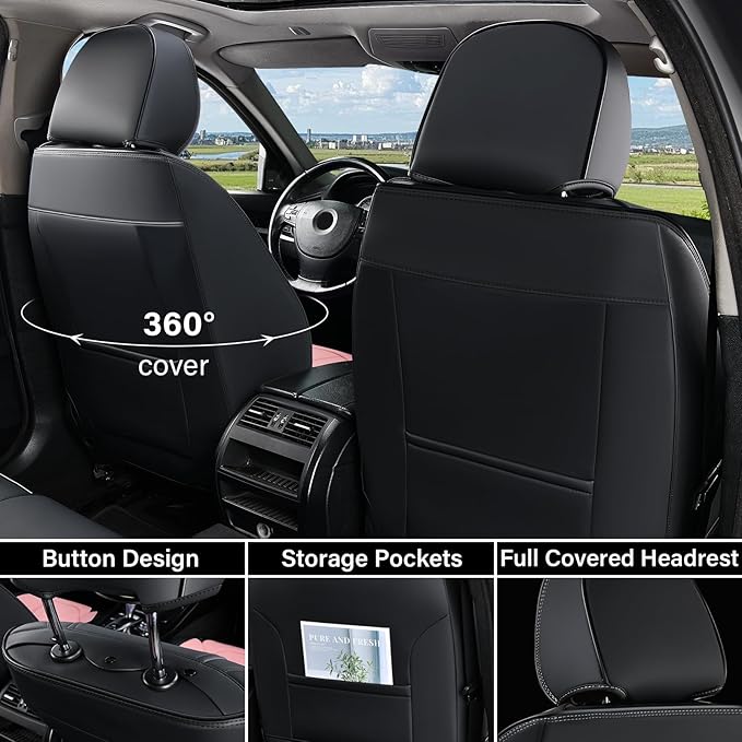 Coverado Car Seat Covers Full Set, Car Seat Protectors Leather Seat Covers for Cars, Automotive Seat Covers Car Accessories Universal Fit for Most Sedans SUV Pick-up Truck(Black&Pink)
