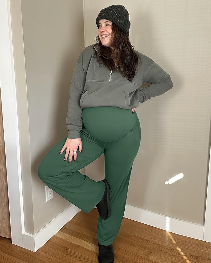 G4Free Maternity Pants Over The Belly Yoga Dress Work Pregnancy Pants Stretchy Lounge Wide Leg Trousers with Pockets