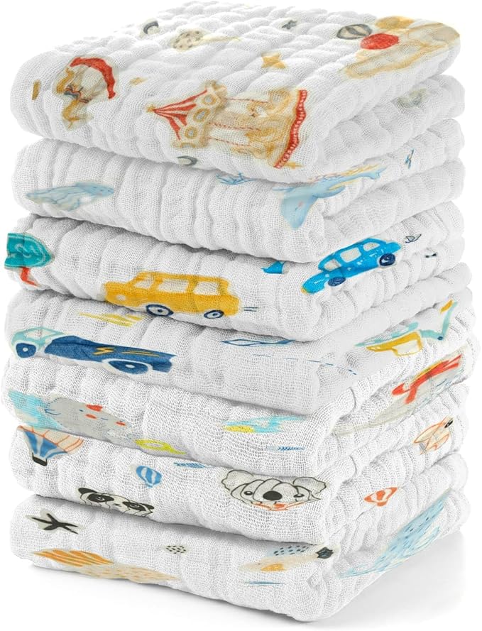 Muslin Baby Washcloths Baby Wipes Newborn Pack of 7-Car Patten, Absorbent Baby Bath and Face Towels for Newborn,100% Cotton,Burp Cloths,Feeding Towels for Babies and Infants,Reusable-10x10