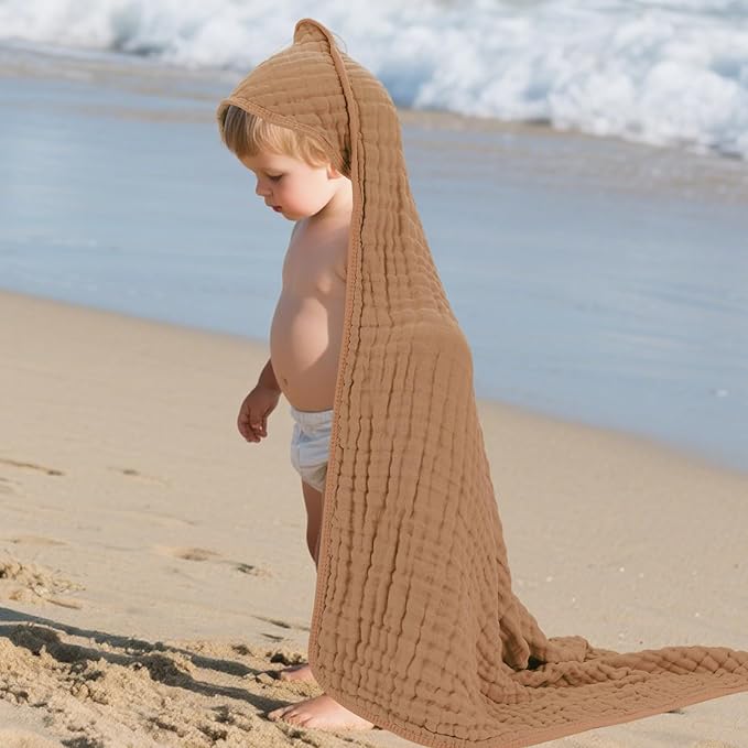 Muslin Hooded Baby Towels 100% Cotton ，Super Soft Muslin Baby Bath Towel - 32 x 32 Inches, Suitable for Newborn and Young Children up to 3 Years Old. (Light Pink & Dark Pink)