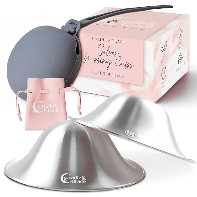 Cradle & Grace Pure 999 Silver Nursing Cups with Gray Carrying Case, Silver Nipple Shields for Breastfeeding Newborn, Silver Nipple Covers Breastfeeding Kit, Regular