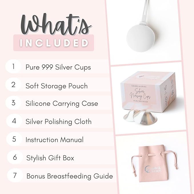 Cradle & Grace Pure 999 Silver Nursing Cups with White Carrying Case, Silver Nipple Shields for Breastfeeding Newborn, Silver Nipple Covers Breastfeeding Kit, X-Large