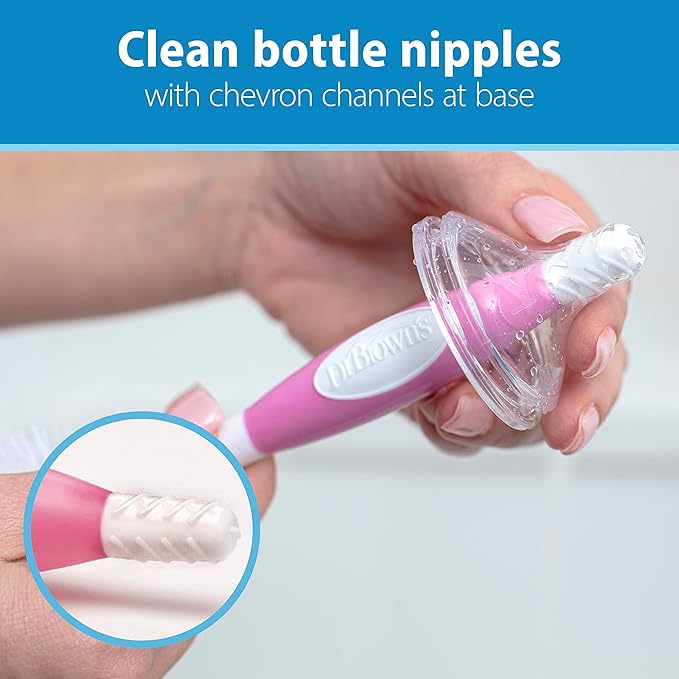 Dr. Brown's Reusable Sponge Baby Bottle Cleaning Brush Set with Suction Cup Stand, Scrubber and Nipple Cleaner, Pink, 3 Pack