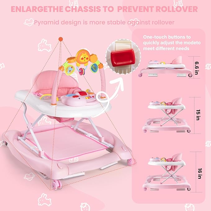 5-in-1 Baby Walker, Baby Walkers for Boys Girls 6-12 Months, Foldable Activity Walker, Toddler Infant Walker with Bouncer, Adjustable Height, Removable Footrest, Feeding Tray, Music