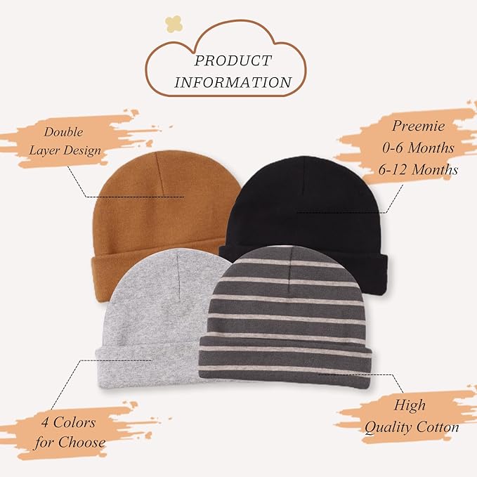 Bamery Cotton Baby Girl Hat Preemie Boys Beanie Newborn Hospital Hats Winter Infant Hats for Girls