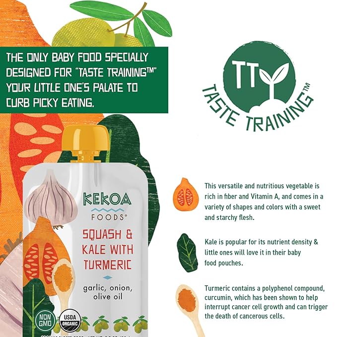 Kekoa Foods Squash & Kale with Turmeric Baby Food Purée | 100% USDA Certified-Organic Vegetarian | Organic, Non-GMO, Gluten-Free, Vegan | Flavorful & Nutritious First Food for Babies | 3.5 oz 36 Pack
