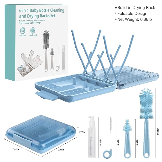 Bottle Brush Set -Baby Travel Essential-6 in 1 Bottle Cleaner Kit with Silicone Bottle Brush,Nipple Cleaner Brush,Straw Brush,Soap Dispenser,Storage Box,Bottle Drying Rack for Home and Travel(Blue)
