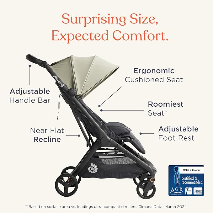 Ergobaby Metro 3 All in One Compact Baby Stroller - Lightweight Travel Stroller - Easy One-Hand Fold for Overhead Airplane Storage (Carries up to 50 lbs) - Car Seat Compatible - Natural Beige
