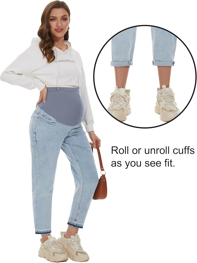 POSHGLAM Women's Maternity Jeans Over Belly Comfy Stretch 28'' Boyfriend Jeans Loose Pregnancy Pants, S-XXL