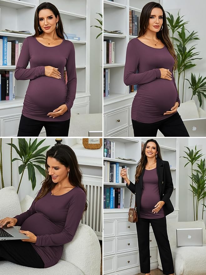 Ecavus Women's Maternity Shirts Long Sleeve Soft Stretchy Pregnancy Tops Side Ruched Casual Mama Clothes