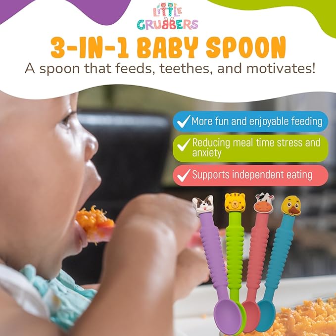 3-in-1 Silicone Baby Spoon Self Feeding 6+ Months - Pediatric OT Designed Teether Spoon, BPA Free Toddler Utensils, Mess-Free, Fun for Baby Led Weaning Supplies, Cow & Tiger