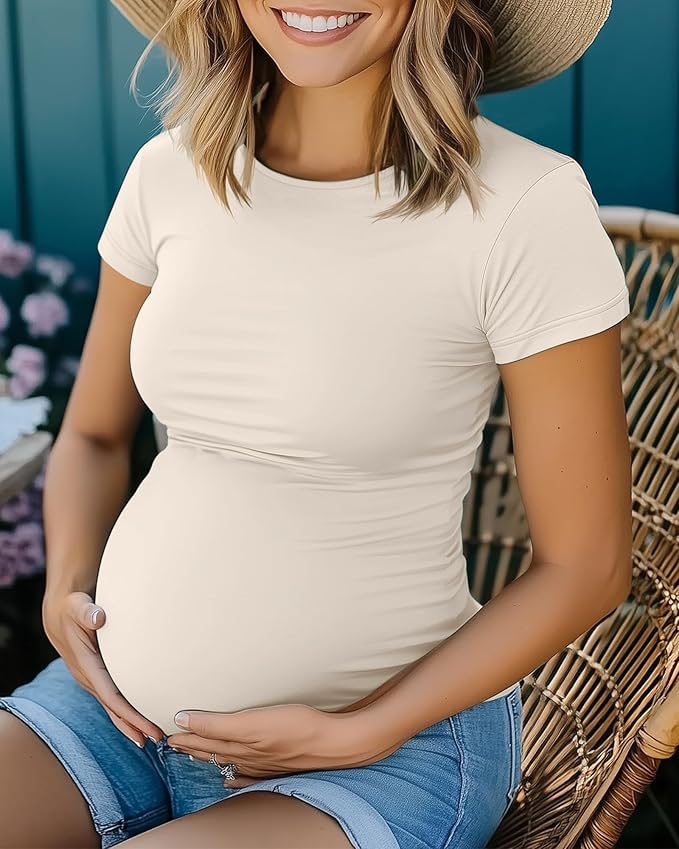 Huukeay 4 Pack Women's Maternity Shirts, Crew Neck Maternity Top Short Sleeve Casual Cotton Tee Side Ruched Pregnancy Clothes