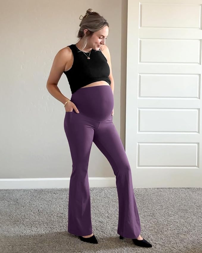 G4Free BareFeel Maternity Flare Leggings with Pockets Over The Belly Stretchy Casual Lounge Pregnancy Dress Pants for Work