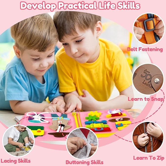 Qizfun Busy Board Montessori Toy for Toddlers, Educational Sensory Learning Toy for Fine Motor Skills, Preschool Travel Toy for Airplane & Car, Gifts for Boys and Girls