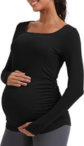 MathCat Maternity Long Sleeve Shirt with Thumbleholes, Maternity Tops Squar Neck Side Ruched Pregnancy Yoga Casual Tee