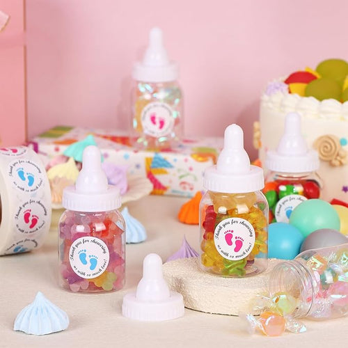 62 Pcs 3.5 Inch Baby Mini Milk Bottle Baby Shower Favor with 500 Adhesive Thank You for Showering Stickers, Small Plastic Candy Bottle DIY Gift for Boy Girl Newborn Baptism Party Decor (White)