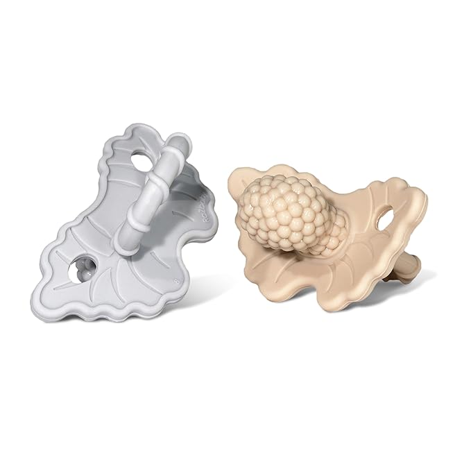 RaZbaby RaZberry Silicone Teether Pacifier – Teething Relief for Infants, Food-Grade, BPA-Free, Hands-Free, Natural Berrybumps Fruit Texture for Sensory Development, Freezable, 2-Pack - Tan & Grey