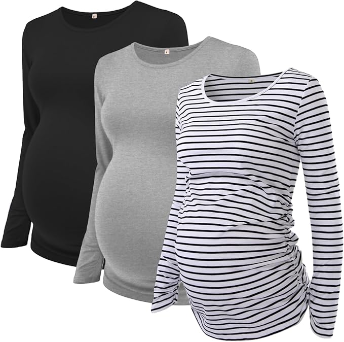 Ecavus Women's Maternity Shirts Long Sleeve Soft Stretchy Pregnancy Tops Side Ruched Casual Mama Clothes