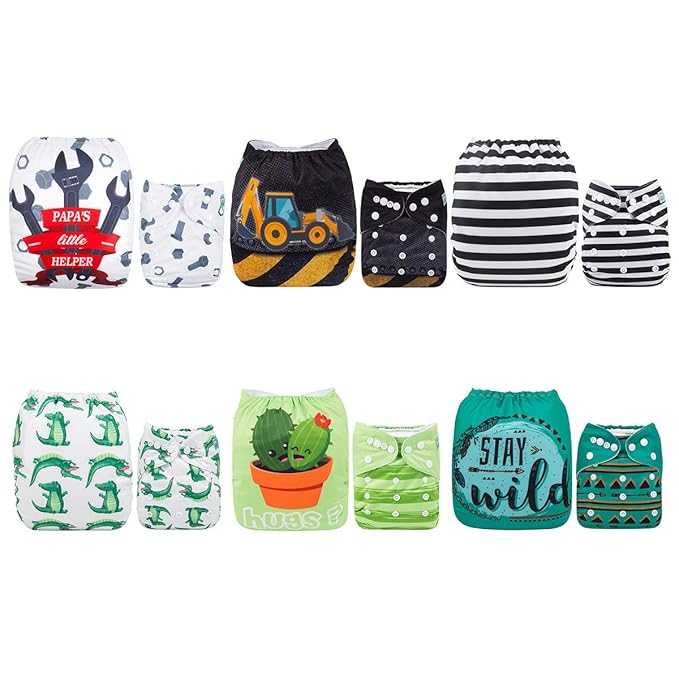 ALVABABY 6 Pack with 12 Inserts Baby Diaper Pocket Cloth Diapers Reusable Washable Adjustable for Baby Boys and Girls 6DM35