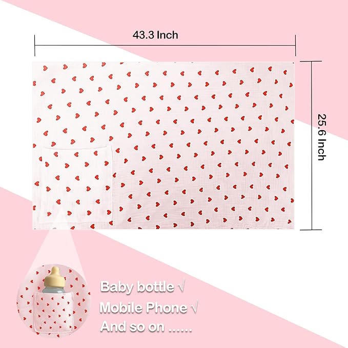 Muslin Nursing Covers for Breastfeeding, Arch Neckline Breast Feeding Covers for Women, Moms Privacy Breathable Summer Nursing Apron, 43.3" x 25.6" Soft Feeding Cover (Pink Red Heart)