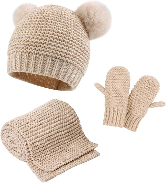 Duoyeree Baby Winter Hat Scarf Glove Beanie Set Girls Boys Pom Pom Knitted Beanie Mitten Scarves for Toddler 0-3T