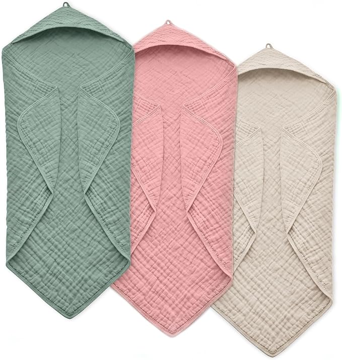 Hooded Baby Towels for Newborn, 35x35 Inch 3 Pack 100% Muslin Cotton Baby Bath Towel, Soft Baby Beach Towels with Hood for Infants, Toddlers and Kids, Essentials Must Haves