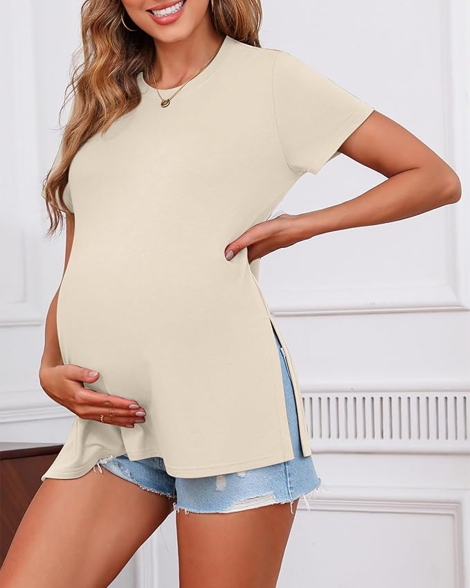 Ficerd 3 Pack Women's Maternity T Shirts, Short Sleeve Side Split Pregnancy Tops Casual Crew Neck Pregnant Tees Mama Clothes
