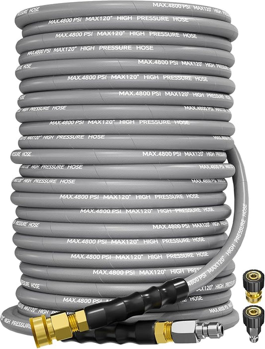 3/8" 4800PSI Pressure Washer Hose 125FT with Swivel Quick Connect for Cold/Hot Water Max 248°F, Kink Resistant Steel Wire Braided, Wear Resistant Power Washer Hose with M22 14mm Adapter