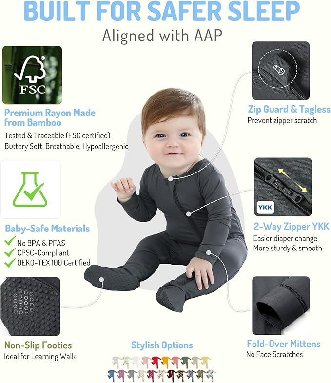 HAPIU Rayon from Bamboo Baby Footed Pajamas, 2 Way Zipper YKK, Footie for Baby Boy Girls, Newborn-24 Months
