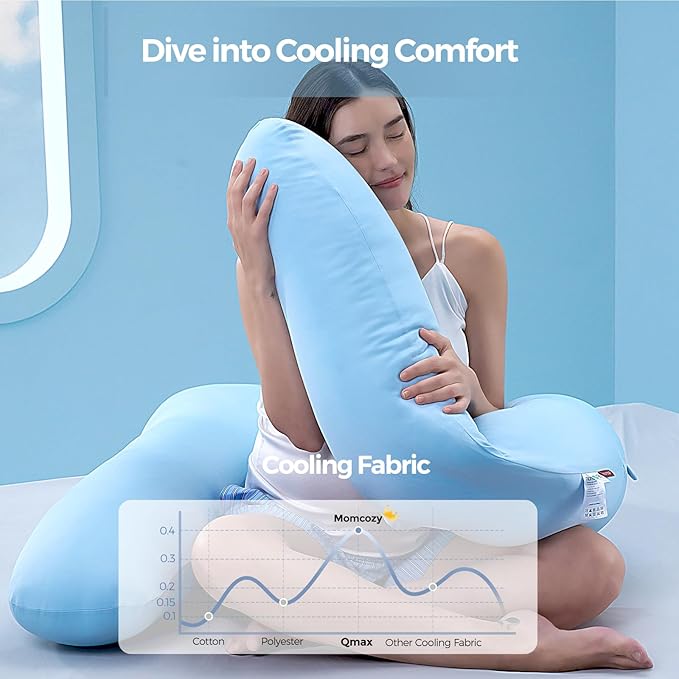 Momcozy Pregnancy Pillow with Cooling Cover, Dreamlign U Pro Maternity Pillow with Adjustable Leg Pillow - Support for Back, HIPS, Belly, Legs for Pregnant Women, 50-72 Inch, Bule