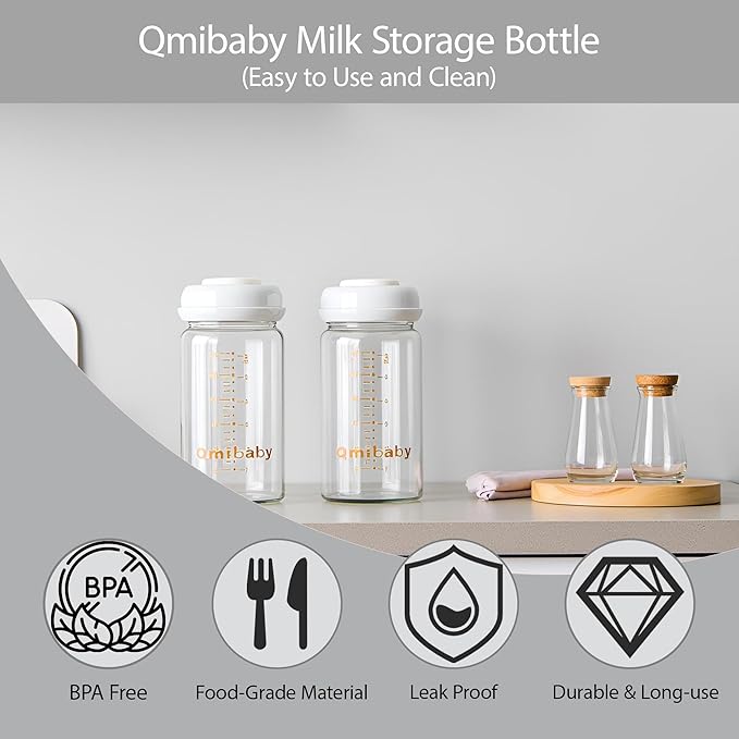 Natural Glass Baby Bottle 150ml 5oz Standard Neck Breast Milk Storage Bottles Compatible with Medela Breast Pumps for Breastmilk Storage Bottle Breastfeeding BPA-Free 4 Pack (Grey+Pink Lids)
