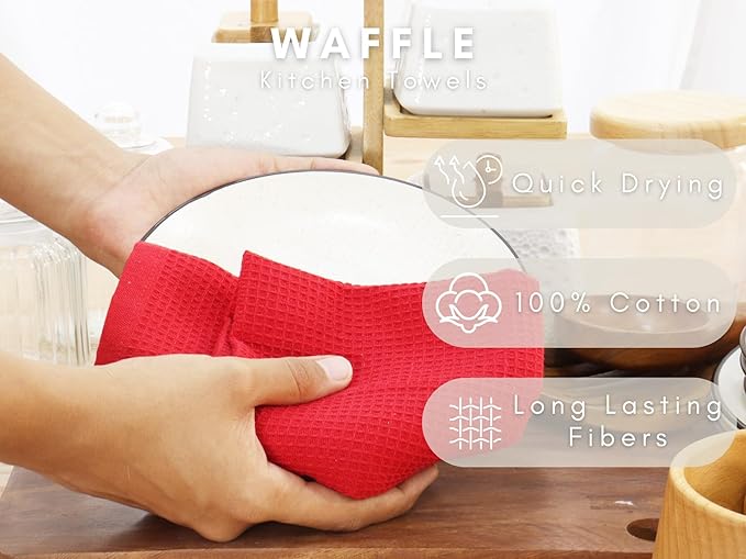 PurpleEssences Waffle Weave Kitchen Towel, 100% Cotton - 15 x 25 Inches, with Hanging Loop Ultra Soft Absorbent Quick Drying Dish Cloth, Tea and Hand Towels, 6 Pack - Fall Thanksgiving - Red