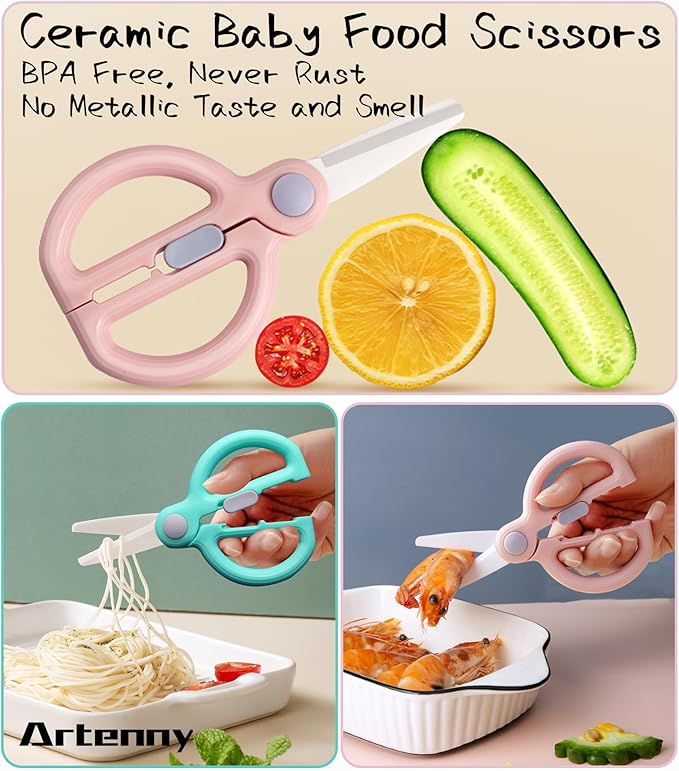 Ceramic Baby Food Scissors Kids with Travel Case, Toddler Scissors with Safety Lock, Ideal for Pizza, Meats, Noodles, Vegetables, and Fruits (C/D)