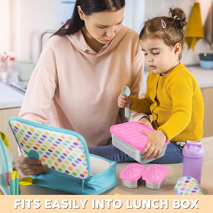 Small Stainless Steel Lunch Containers for Kids | Leak Proof BPA Free Snack Containers with Silicone Lids - Perfect Metal Snack Containers with Lids for School and Daycare (25oz+8oz*2)
