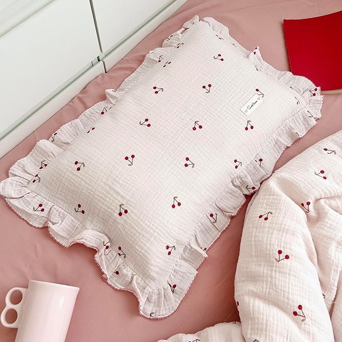 BuLuTu Cotton Muslin Ruffle Edge Kids Toddler Pillowcase Standard,Cherry Pattern Soft Travel Pillow Nursery Pillowcase for Boys,Girls,Bedding Decor Machine Washable, Durable Pillowcase 1 Piece