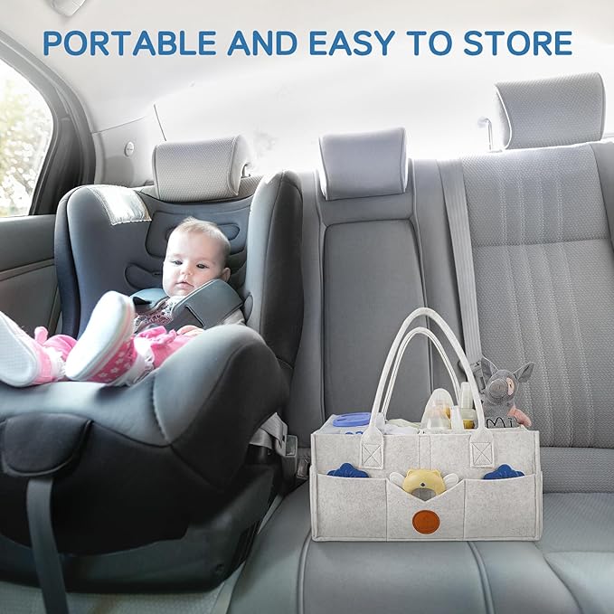 Maliton Baby Diaper Caddy, Car Organizer with Handle, Felt Diaper Caddy for Baby Boy Girl, Changing Table Organizer for Baby Stuff, 16" x 10" x 7" Baby Organizer for Nursery (White)