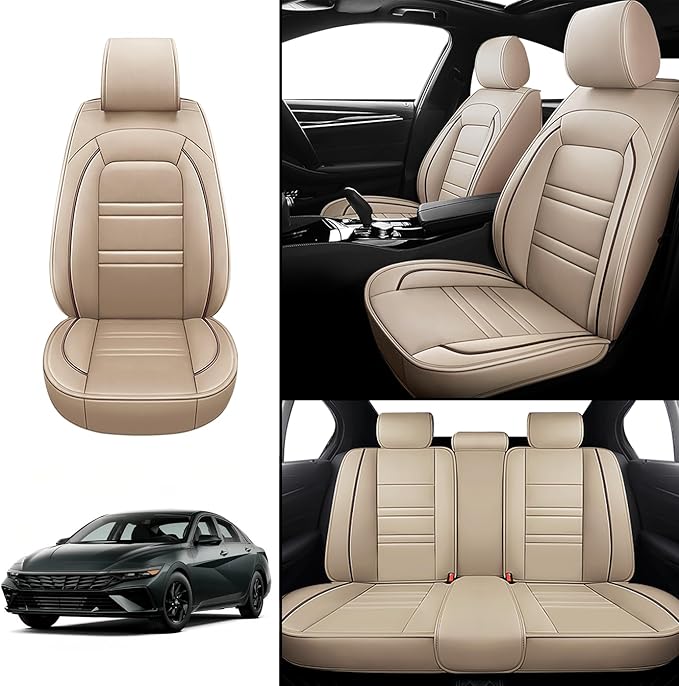 Seat Covers for Hyundai Car Elantra 2001-2025 | 5-Seats Leather Seat Covers, Easy to Install Automotive Seat Covers Full Set (Full Set, Beige)