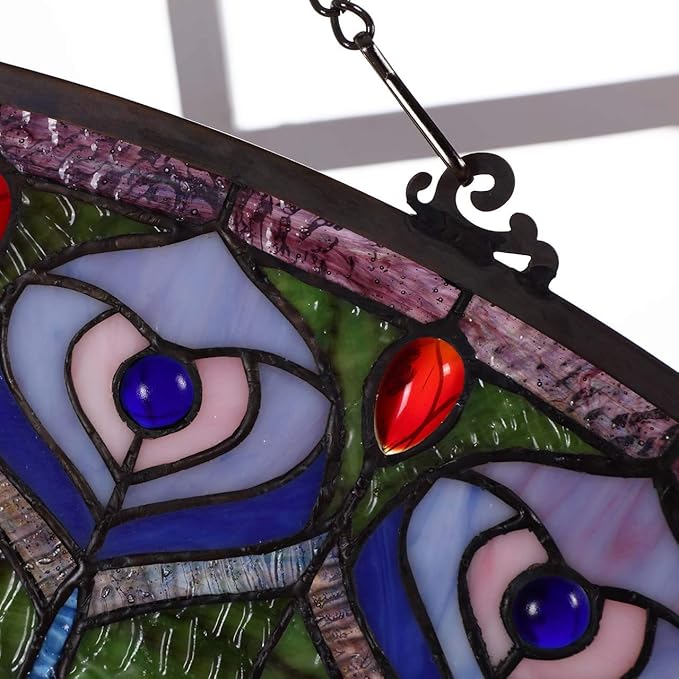 Bieye W10034 Peacock Feather Tiffany Style Stained Glass Window Panel Hangings with Chain, 36 inches Wide Half Round Shape