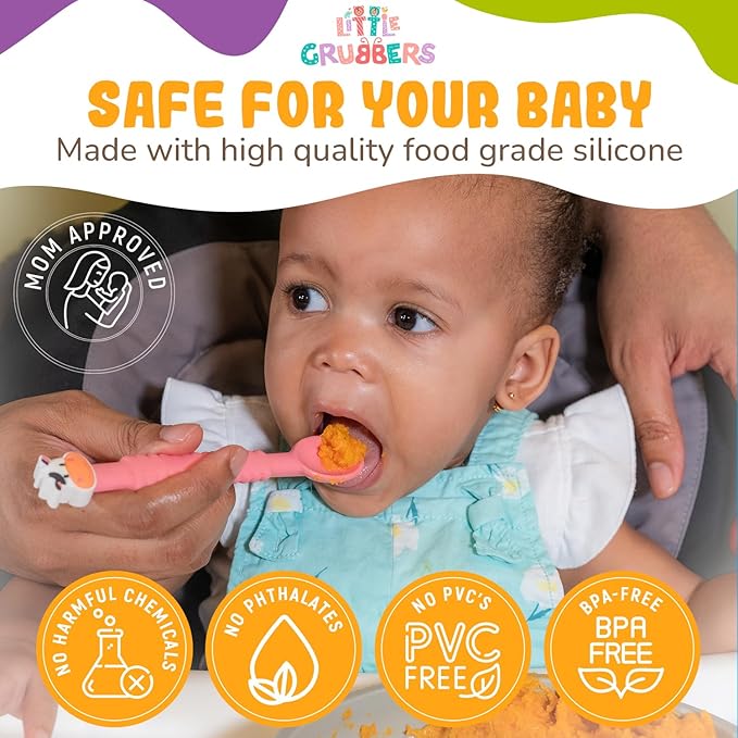 3-in-1 Silicone Baby Spoon Self Feeding 6+ Months - Pediatric OT Designed Teether Spoon, BPA Free Toddler Utensils, Mess-Free, Fun for Baby Led Weaning Supplies, Cow & Duck