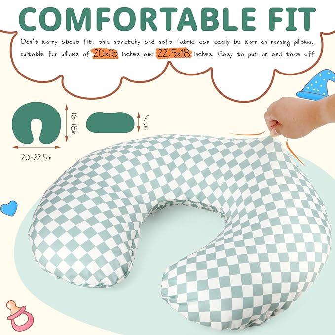 FEBSNOW 2 Pack Baby Nursing Pillow Cover, Stretchy Soft Cotton Nursing Cover for Breastfeeding Pillow Removable Comfortable Baby Feeding Slipcovers for Boy Girl, Checkerboard