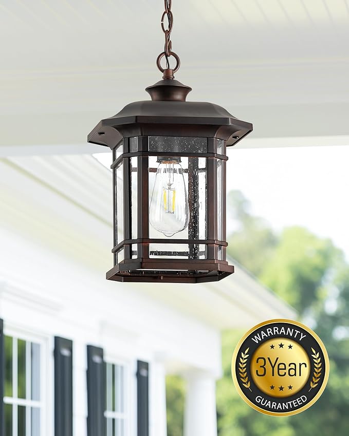 VIANIS Large Outdoor Pendant Lights for Porch, Bronze Hanging Light, Waterproof Hanging Porch Light for House, Garden, Front, Anti-Rust, 100% Aluminum, Seed Glass