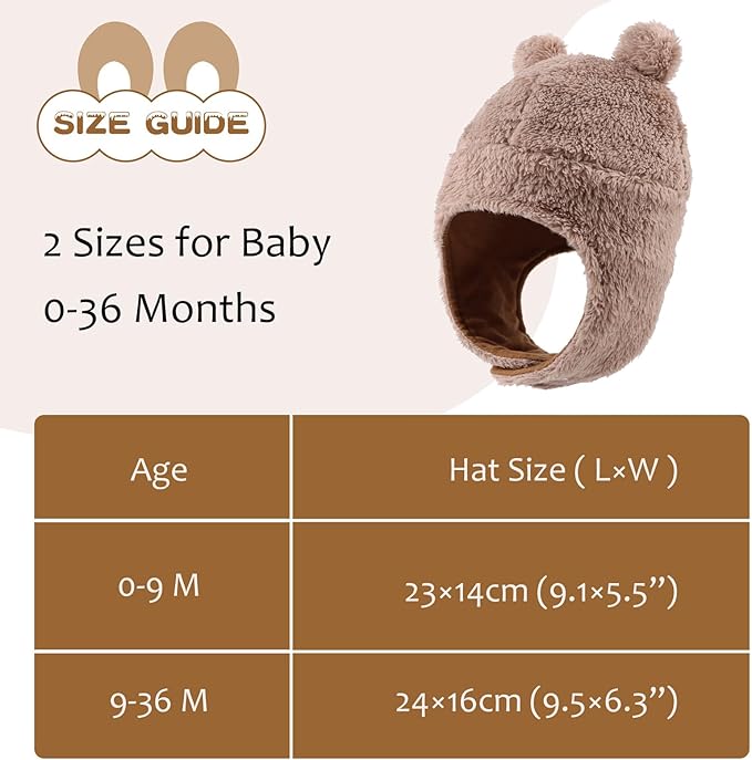 Bear Baby Winter Hat Toddler Earflap Beanie Unisex Infant Snow Cap Warm Fleece Kids Trapper Hats for Girls Boys 0-36M