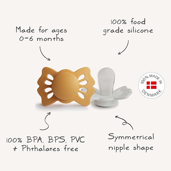 FRIGG Lucky Symmetrical SilkySoft Silicone Baby Pacifier | Made in Denmark | BPA-Free (Soft Lilac/Pretty in Peach, 0-6 Months)