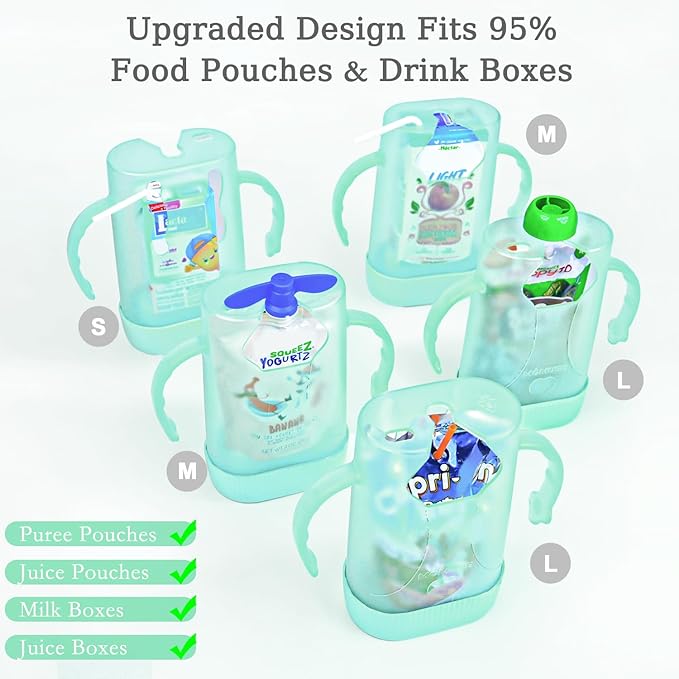 MOMUSE Dual-Lid Squeeze Pouch Holder for Food Pouches & Drink Boxes, Baby Pouch Holder with Larger Capacity, Versatile Design for Self-Feeding, Anti-Squeeze Pouch Holder No Spill No Mess, Pink & Green