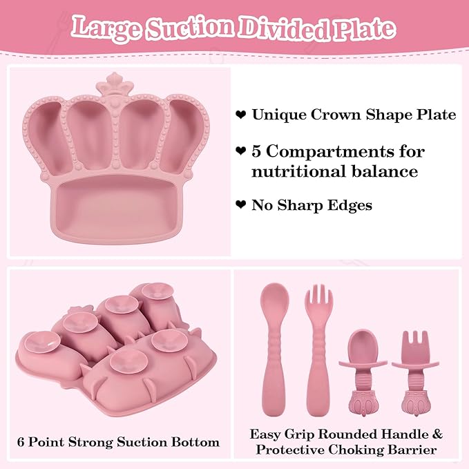 Silicone Baby Feeding Set 10 Pcs Baby Led Weaning Supplies Suction Bowl Divided Plate Baby Bibs Fruit feeder Pacifier Baby Spoons Forks Sippy Cup Utensil Sets Baby Essentials for Newborn （Deep Pink）