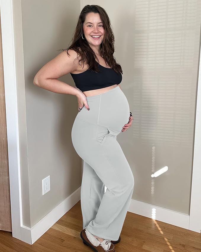 G4Free Maternity Pants Over The Belly Yoga Dress Work Pregnancy Pants Stretchy Lounge Wide Leg Trousers with Pockets