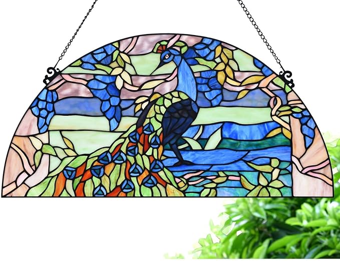 Bieye W10093 Peacock in Garden Tiffany Style Stained Glass Window Panel for Home Decor (Blue, 24Wx12H Half-Round)